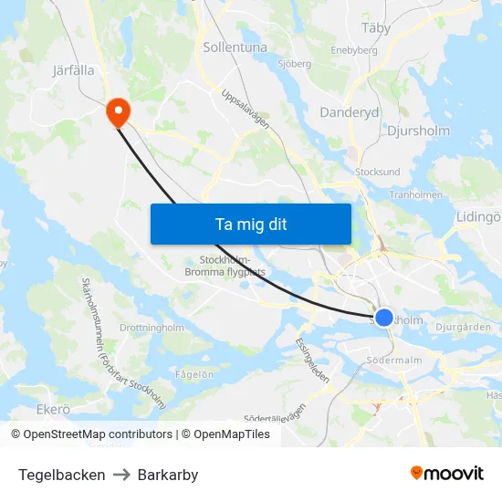 Tegelbacken to Barkarby map