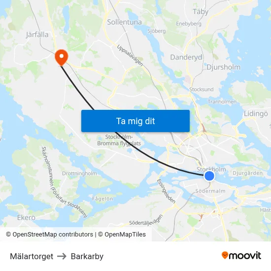 Mälartorget to Barkarby map