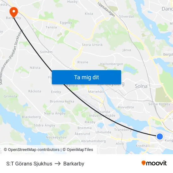 S:T Görans Sjukhus to Barkarby map