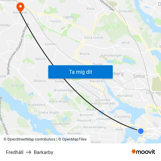 Fredhäll to Barkarby map