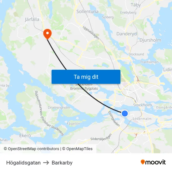 Högalidsgatan to Barkarby map