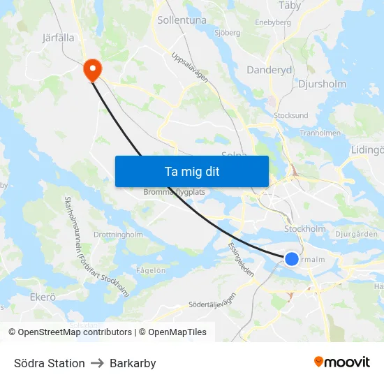 Södra Station to Barkarby map