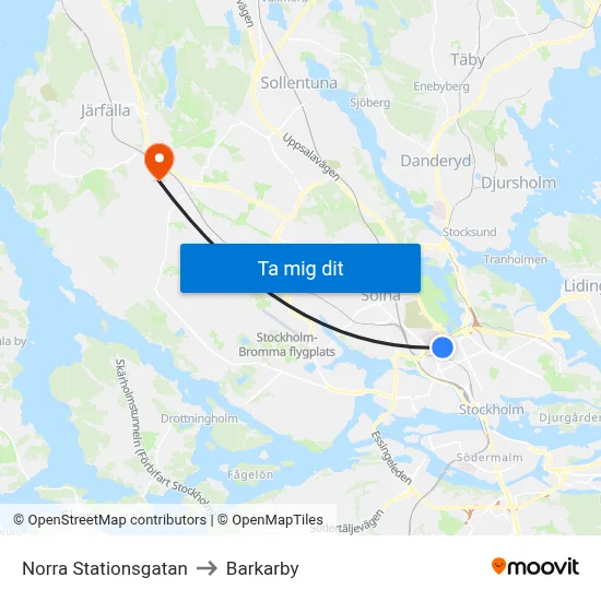 Norra Stationsgatan to Barkarby map