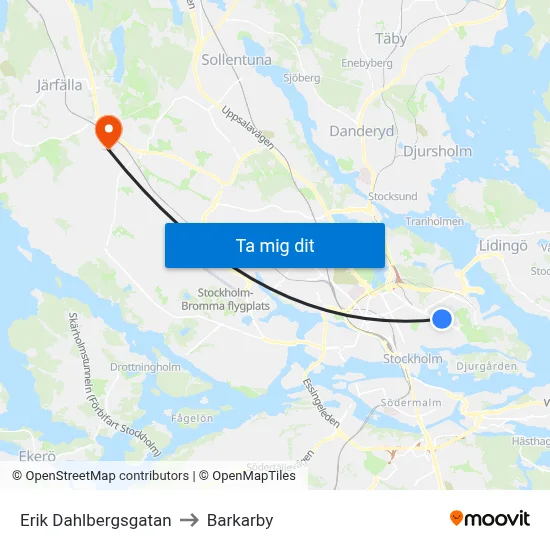 Erik Dahlbergsgatan to Barkarby map