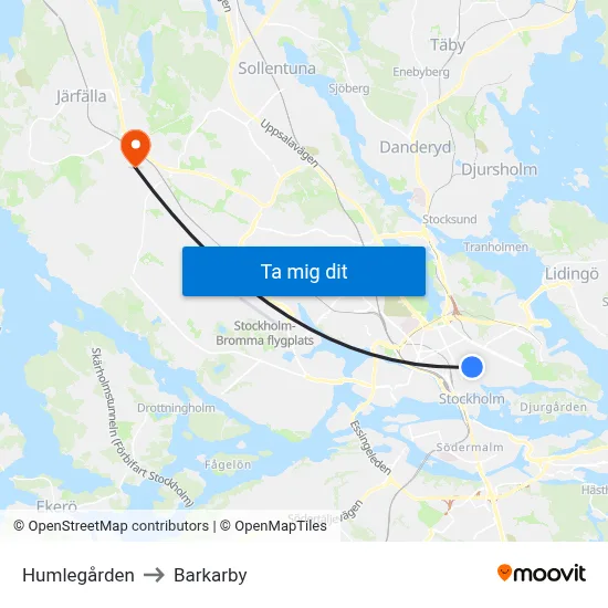 Humlegården to Barkarby map