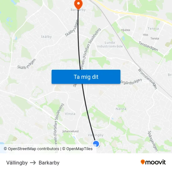 Vällingby to Barkarby map