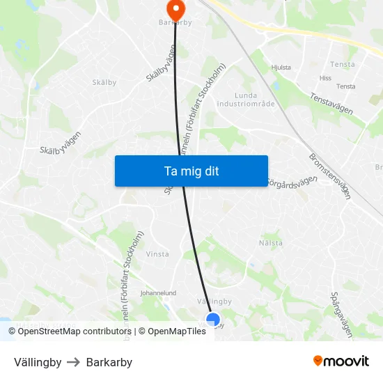 Vällingby to Barkarby map