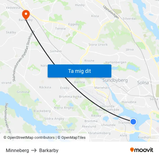 Minneberg to Barkarby map