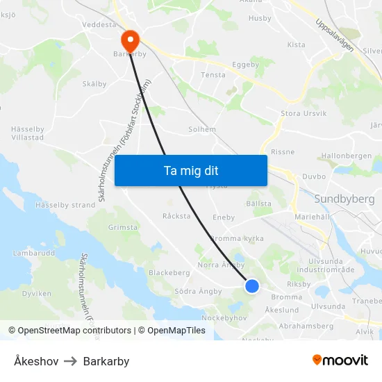 Åkeshov to Barkarby map