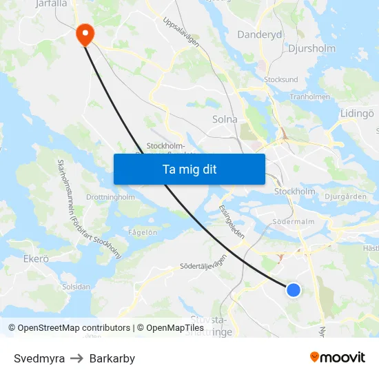 Svedmyra to Barkarby map