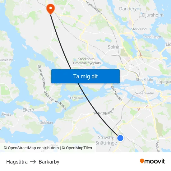 Hagsätra to Barkarby map