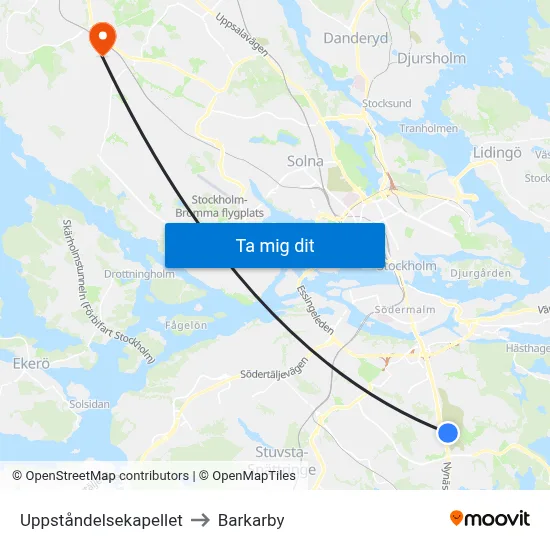 Uppståndelsekapellet to Barkarby map