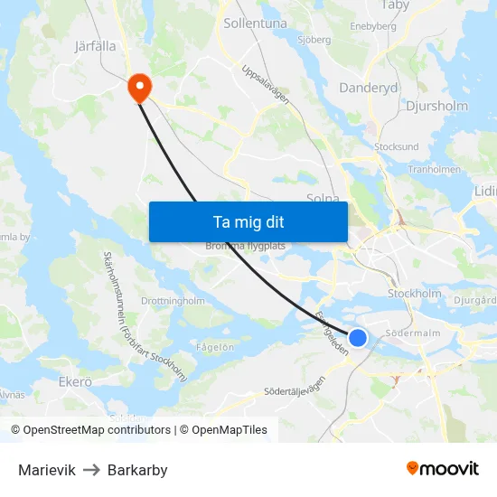 Marievik to Barkarby map