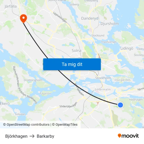 Björkhagen to Barkarby map