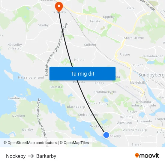 Nockeby to Barkarby map