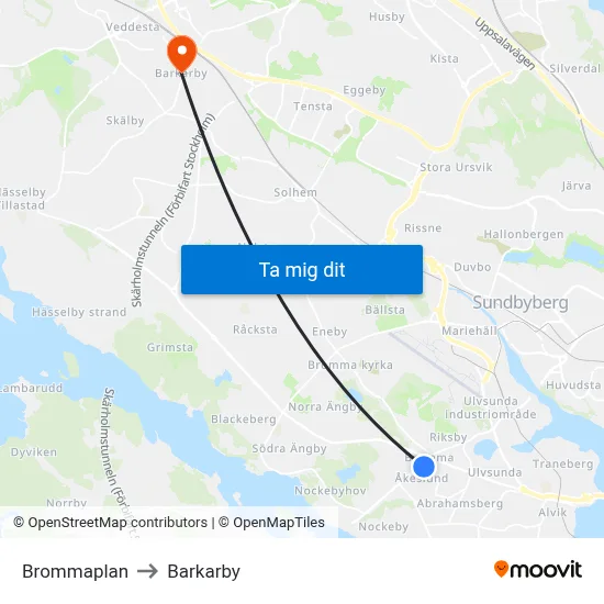 Brommaplan to Barkarby map