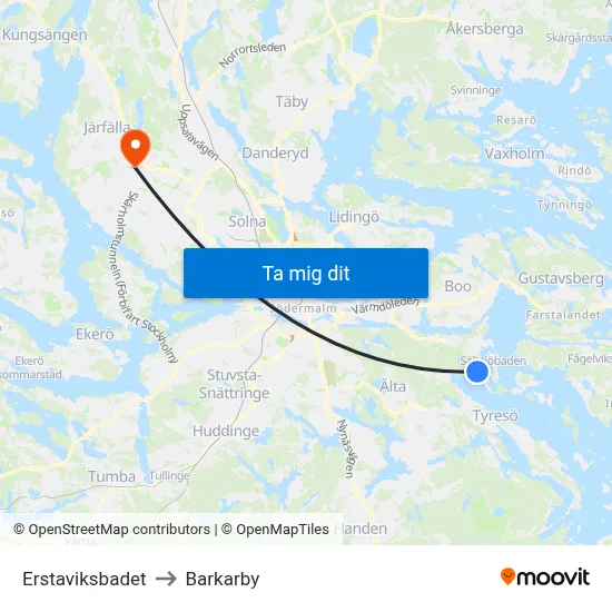 Erstaviksbadet to Barkarby map