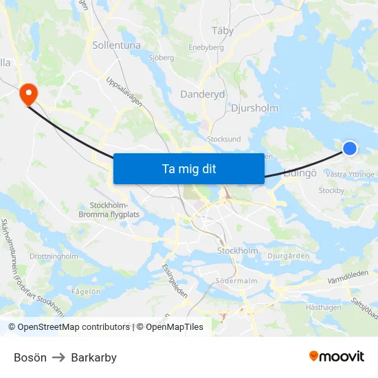 Bosön to Barkarby map