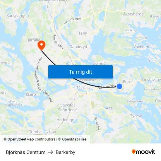 Björknäs Centrum to Barkarby map