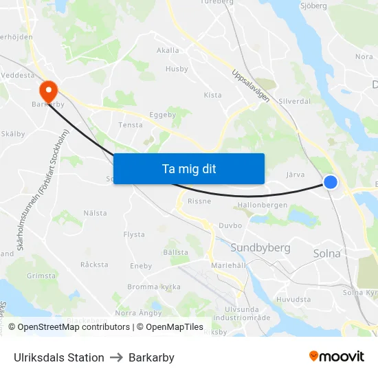 Ulriksdals Station to Barkarby map