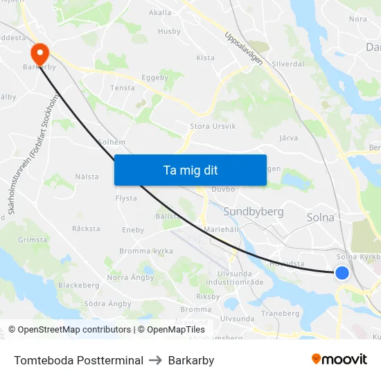 Tomteboda Postterminal to Barkarby map