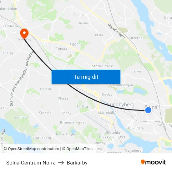Solna Centrum Norra to Barkarby map