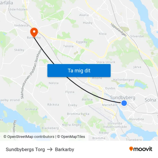 Sundbybergs Torg to Barkarby map