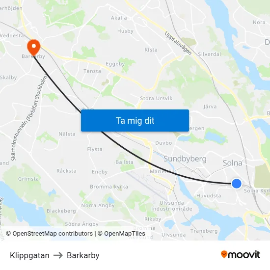 Klippgatan to Barkarby map