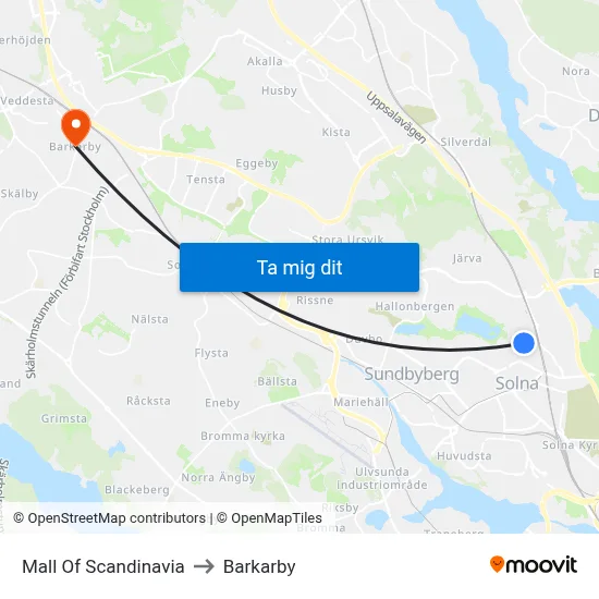 Mall Of Scandinavia to Barkarby map