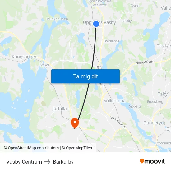 Väsby Centrum to Barkarby map