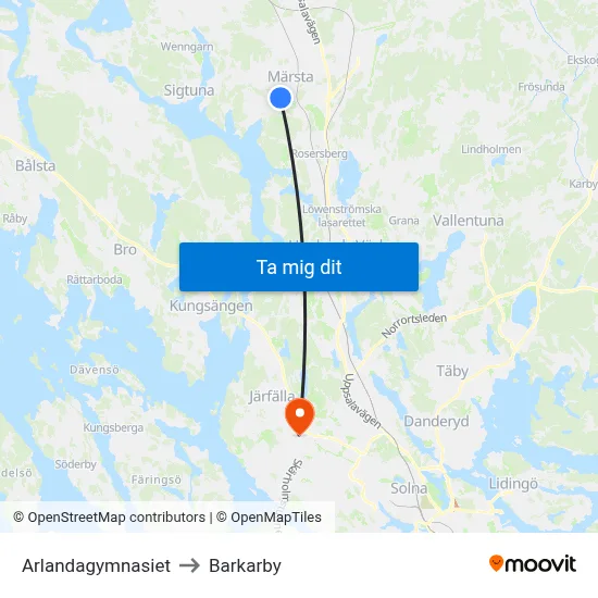 Arlandagymnasiet to Barkarby map