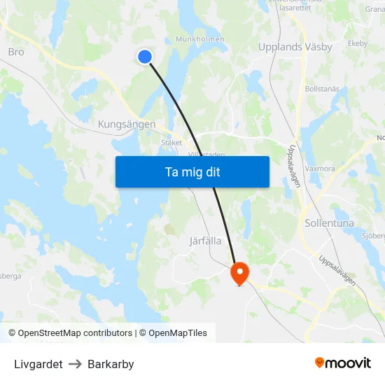 Livgardet to Barkarby map
