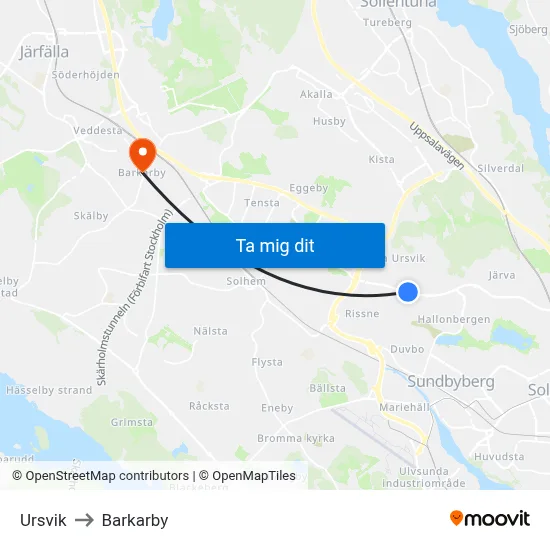 Ursvik to Barkarby map