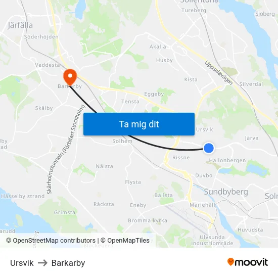 Ursvik to Barkarby map