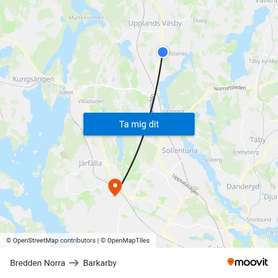 Bredden Norra to Barkarby map