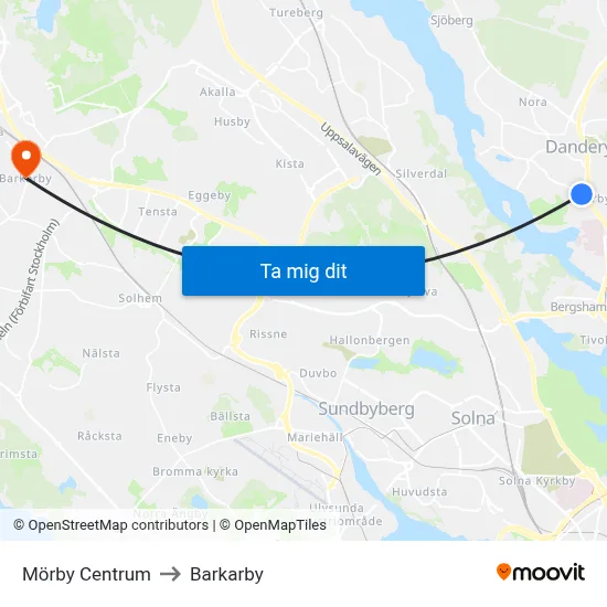 Mörby Centrum to Barkarby map