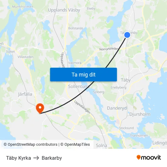 Täby Kyrka to Barkarby map