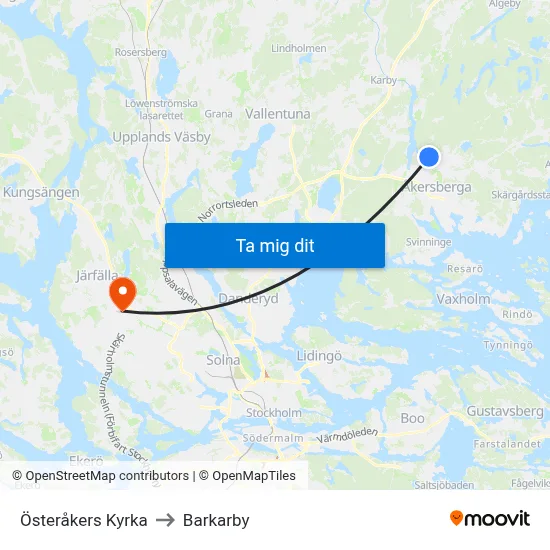 Österåkers Kyrka to Barkarby map