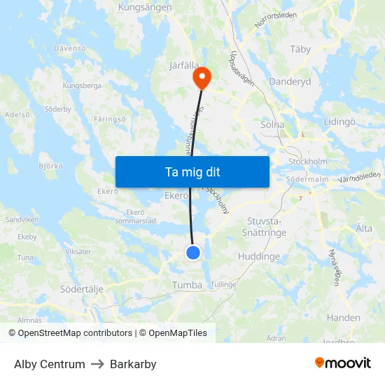 Alby Centrum to Barkarby map