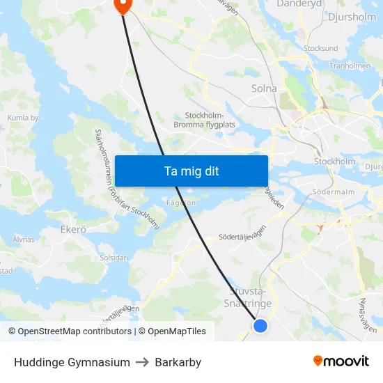Huddinge Gymnasium to Barkarby map