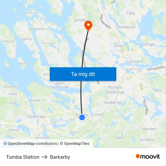 Tumba Station to Barkarby map
