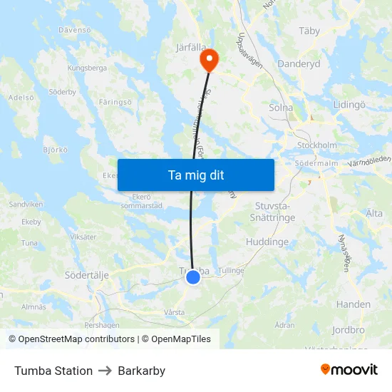 Tumba Station to Barkarby map