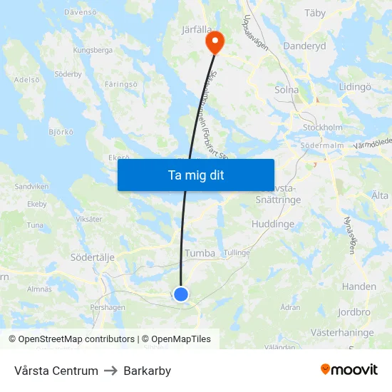 Vårsta Centrum to Barkarby map