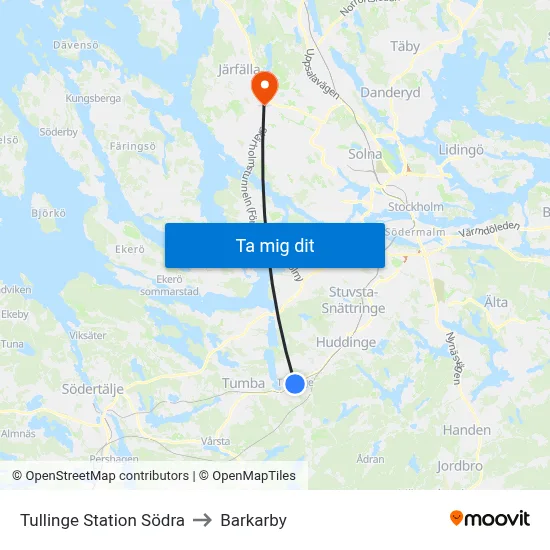 Tullinge Station Södra to Barkarby map