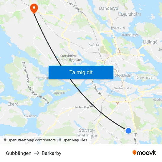 Gubbängen to Barkarby map