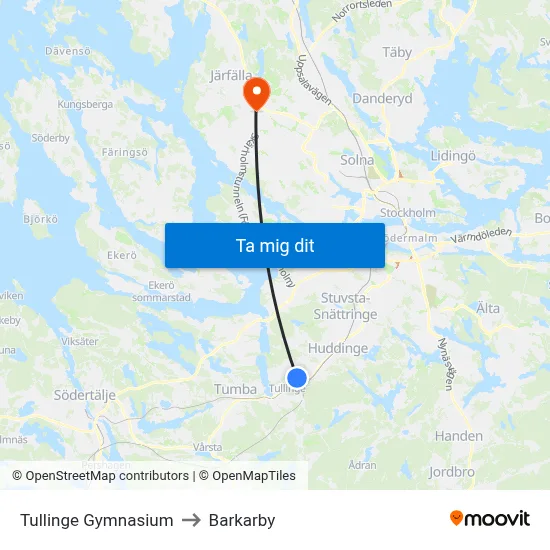 Tullinge Gymnasium to Barkarby map