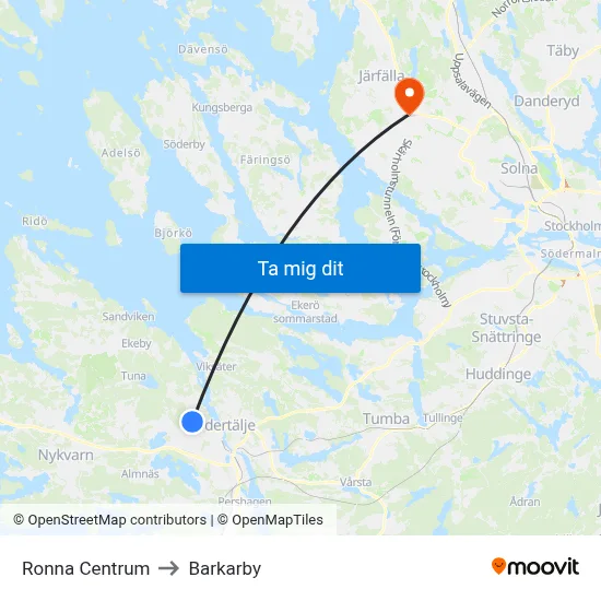 Ronna Centrum to Barkarby map
