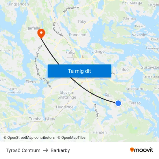 Tyresö Centrum to Barkarby map