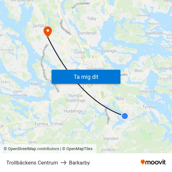 Trollbäckens Centrum to Barkarby map