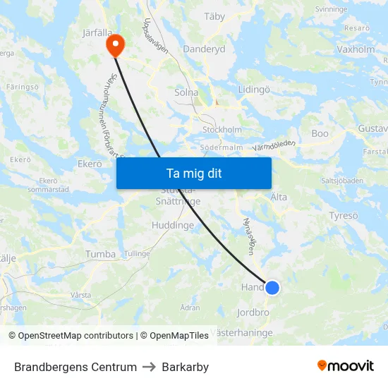 Brandbergens Centrum to Barkarby map